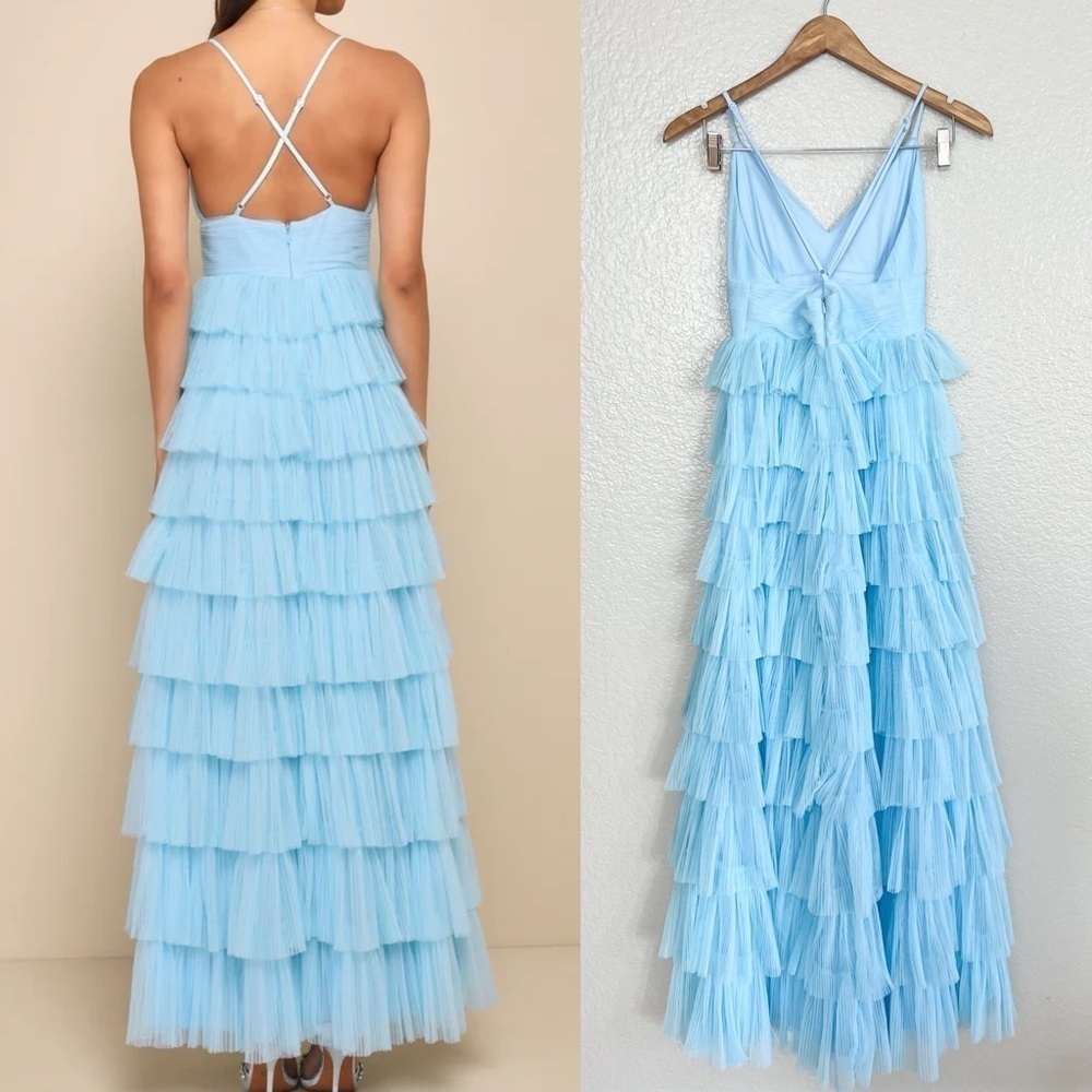 NWOT Radiant Event Light Blue Mesh Tiered Pleated Backless Maxi Dress - Picture 3 of 9